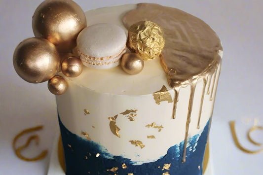 Blue White & Gold Drip Cake